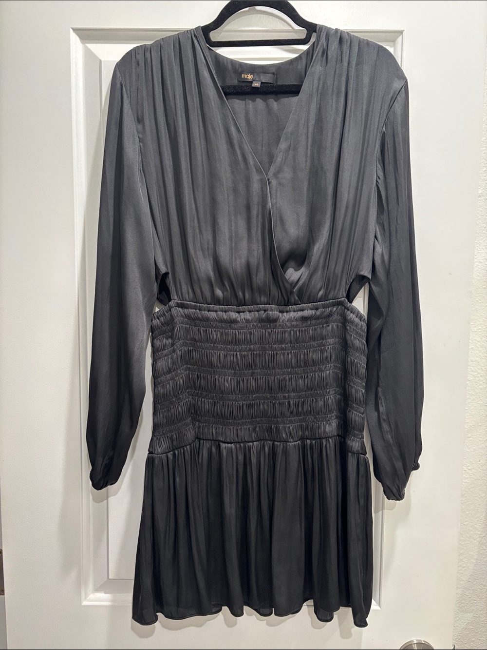 Maje Black Long-Sleeve Smocked Waist V-Neck Dress